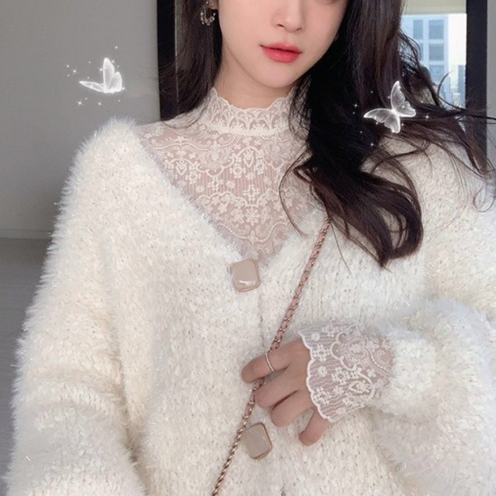 Lace blouse top floral womens long sleeve cream white - Picture 5 of 7